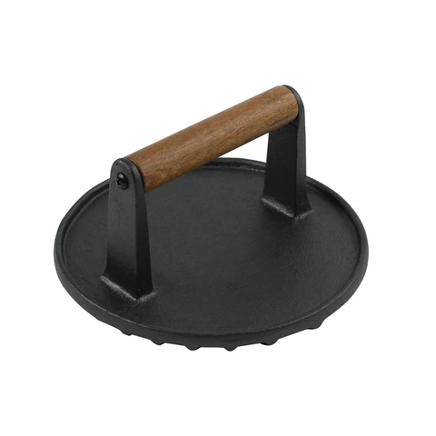 CAST IRON MEAT ROUND PRESS WOODEN HANDLE