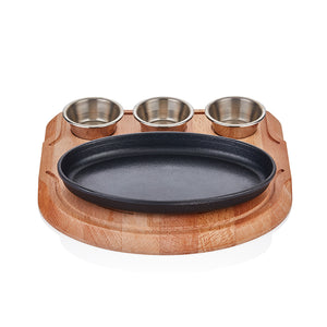 CAST IRON OVAL FAJITA + WOODEN BASE