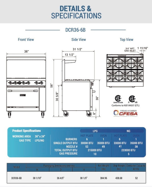 RANGE 6 BURNERS WITH OVEN