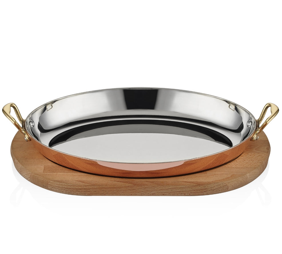 MULTI METAL OVAL DISH 35 CM  WITH WOODEN BASE