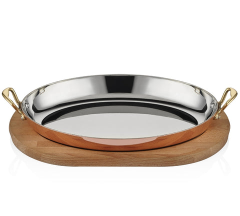 MULTI METAL OVAL DISH 35 CM  WITH WOODEN BASE