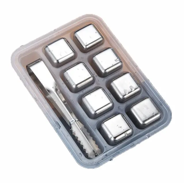 STAINLESS STEEL ICE CUBE METAL STONES 8PCS/SET AND TONGS