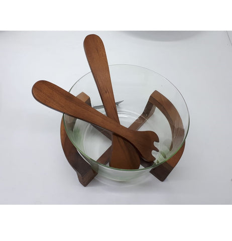 GLASS BOWL WITH WOODEN STAND AND TWO SPOON 24 CM