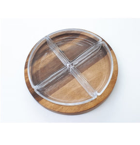 4 GLASS PLATES WITH WOODEN STAND 24 CM